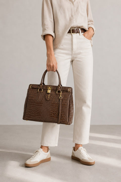 Top handle leather bag carried by a model