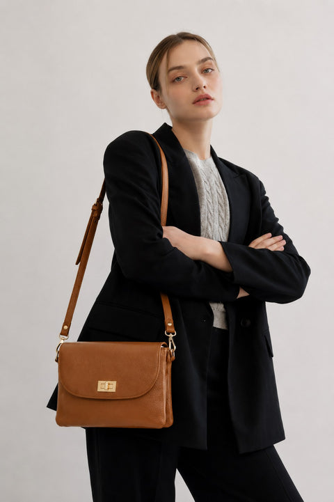 Minimal Flat - leather crossbody bag worn by a model