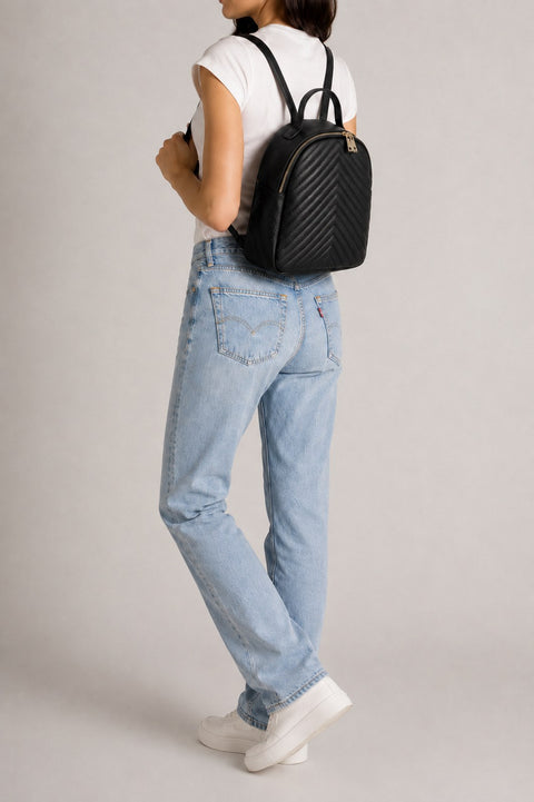 Leather backpack worn by a model